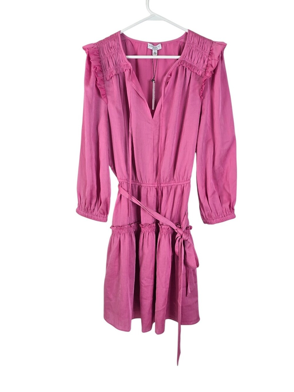 NWT Current Air Long Sleeve Ruffled Tiered Midi Dress L Tie Belt Fuschia Pink